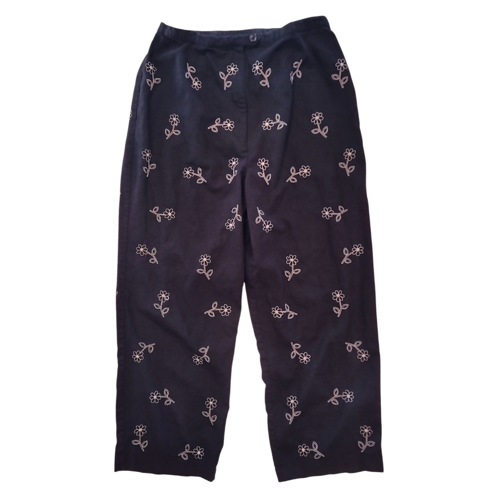 VTG Dark Prairie Embroidered Linen Pants Black Floral Crop Waist About 28"